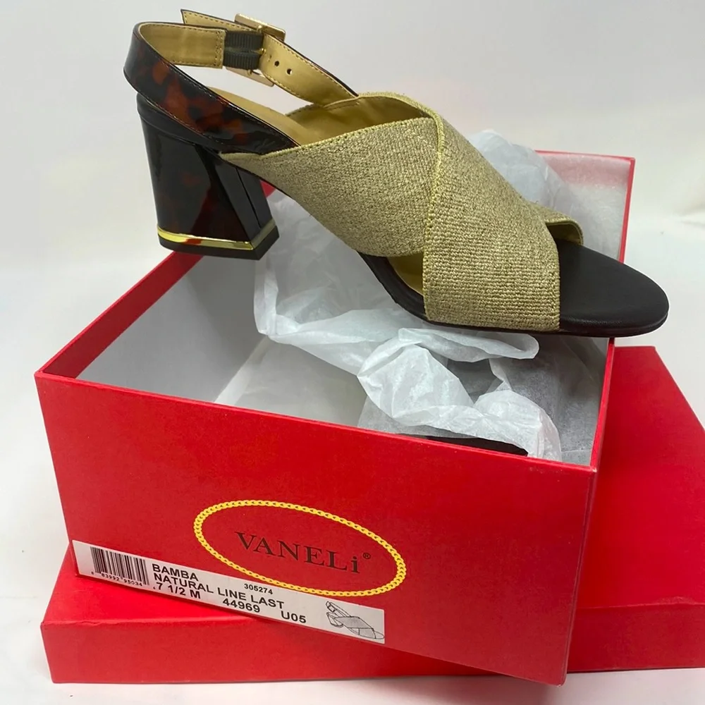 VANELI Bamba Natural Canvas Animal Print Detail Gold Trim Heel Size 7.5 Med NEW - Picture 3 of 16